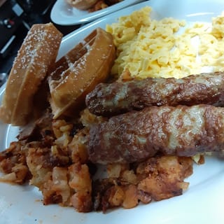 D. Two Large Eggs, Two Mini Waffles, Home Fries and Bacon or Sausage
